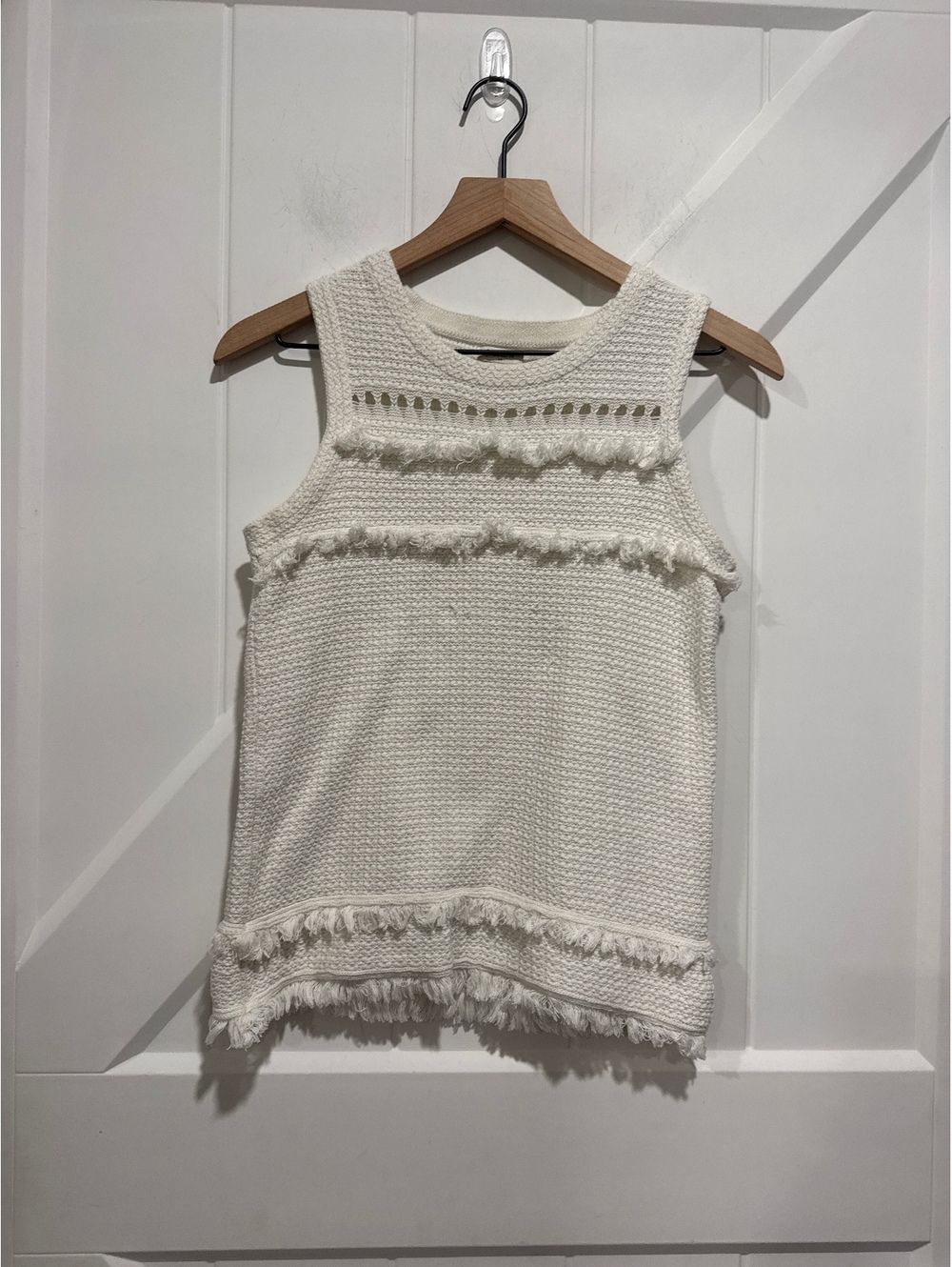 J.Crew White Cotton Knit Sleeveless Top with Fringe Details, Size S